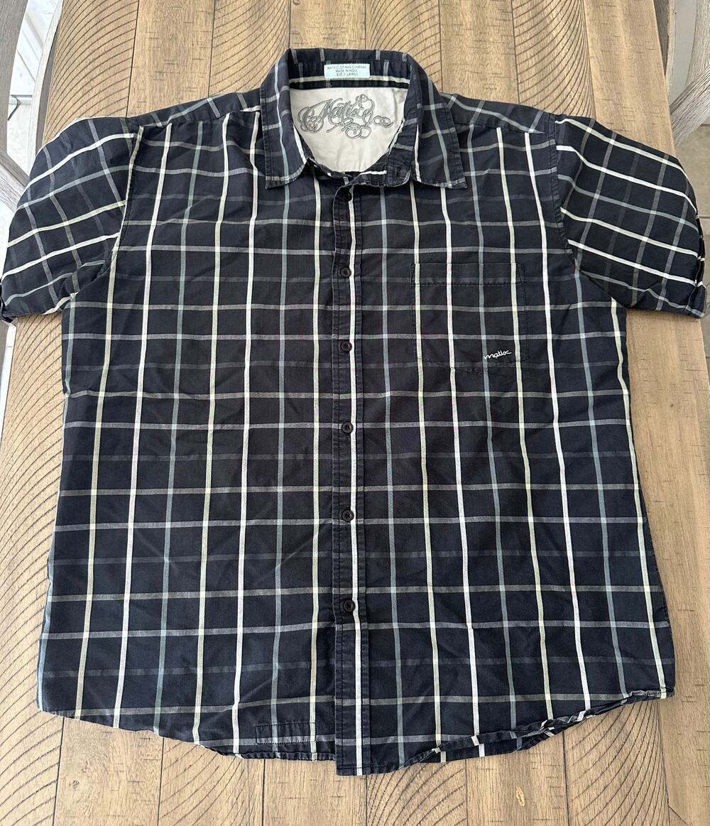 Matix Intersect Short Sleeve Button Up Shirt Mens XL Black Gray Plaid Slim Fit